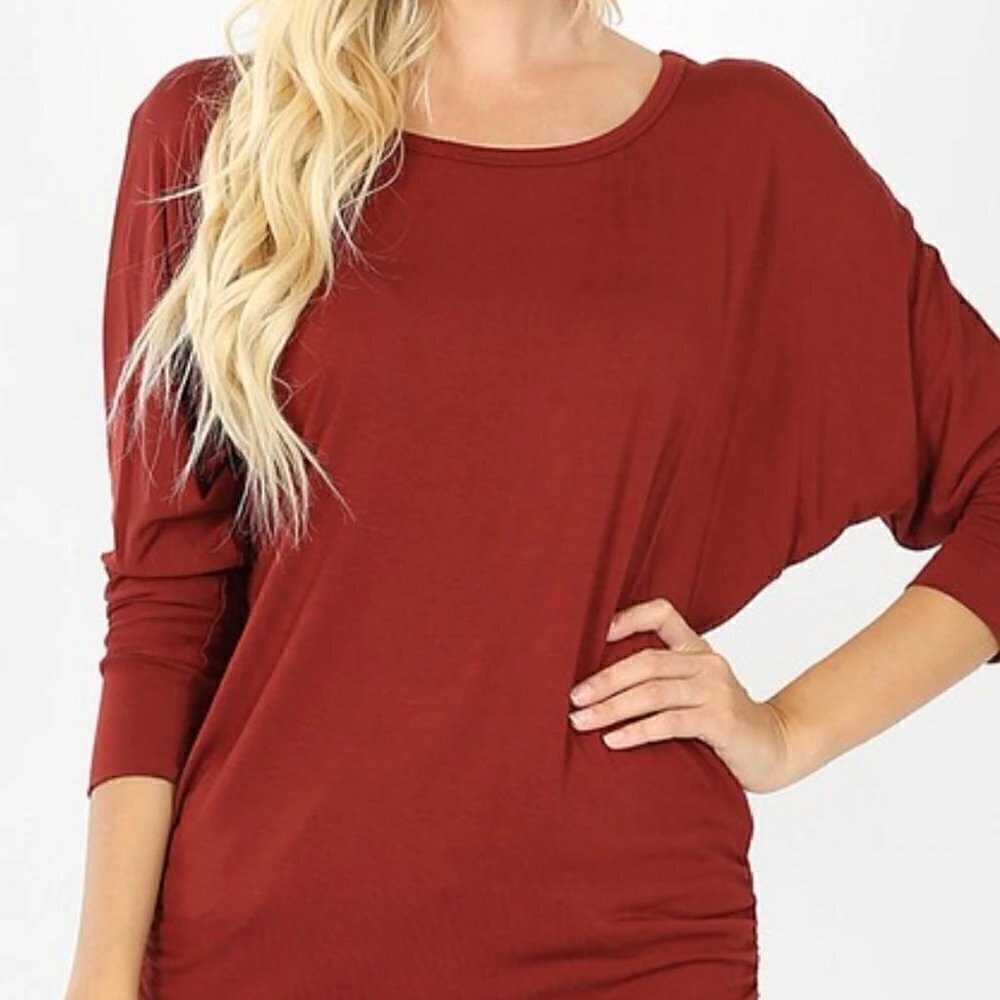 Nordstrom's Caslon Brick Red Dolman Sleeve Slub Knit Ruched Side Long Sleeve Top